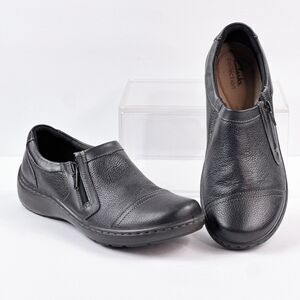 Clarks Black Leather Slip On Shoes Womens 8.5 M Casual Comfort Loafers Cora Giny